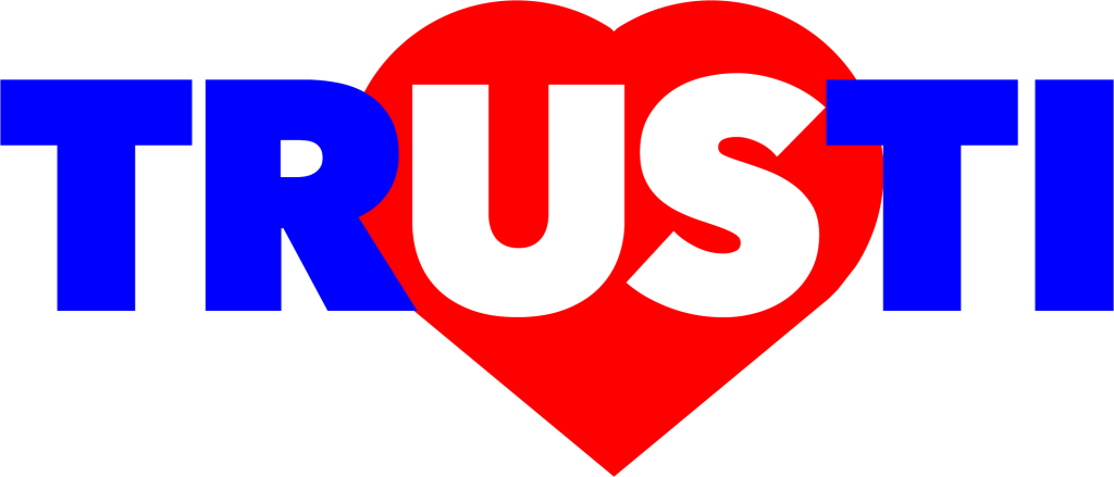 Brand logo showing the word TRUST in blue letters with a red heart behind and white U and S in the center.
