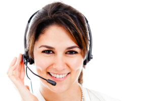 Customer service representative wearing a headset and smiling.