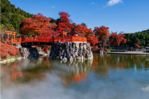 Red arched wooden bridge across a tranquil pond, with stone island supports and vibrant autumn maple trees along the shore.